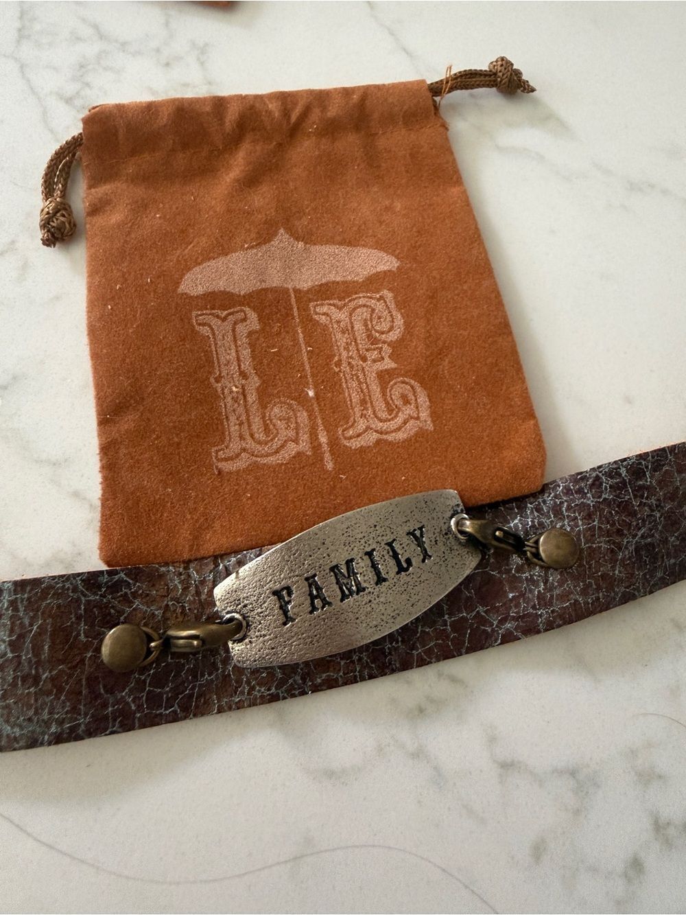 Lenny & Eva Family Plate Leather Bracelet in Brown with Antique-Tone Accent